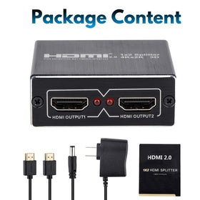Wonlyus HDMI splitter box contents showing 5V adapter and manual for easy setup