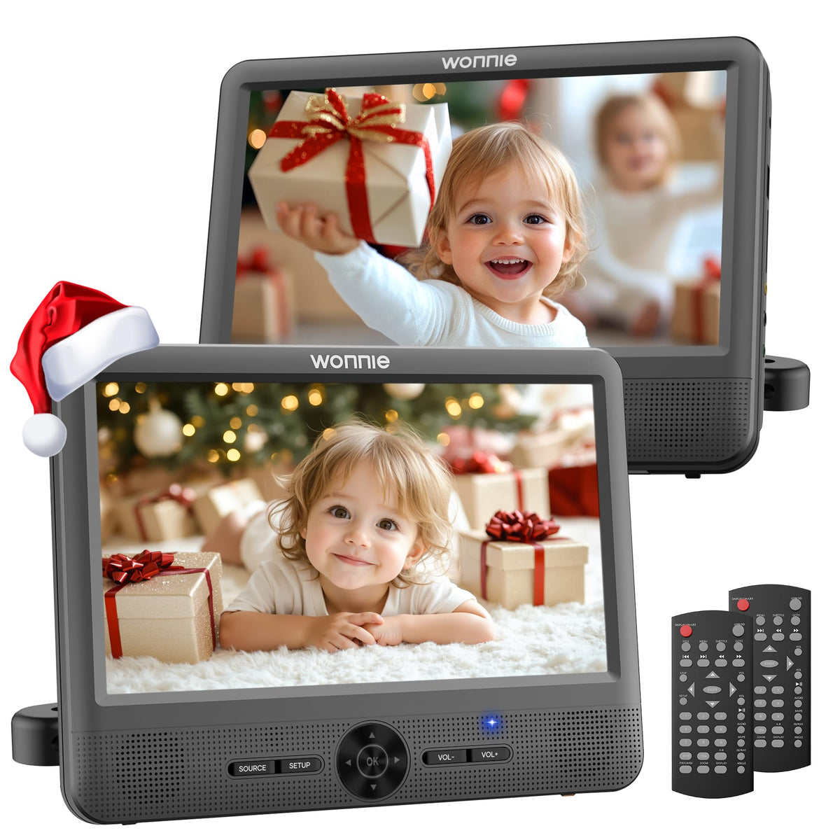 WONNIE 10 inch dual DVD players front view for in car entertainment