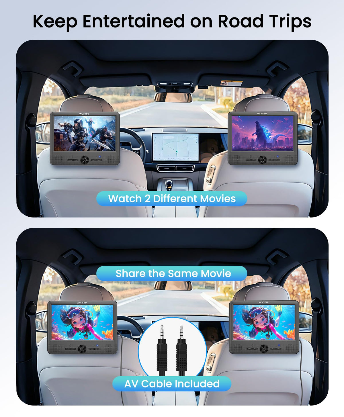 WONNIE dual screen in car setup showing independent playback options