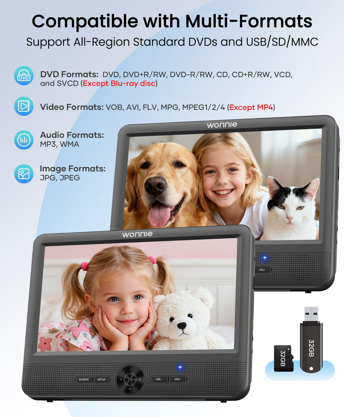 WONNIE dual speakers delivering clear stereo sound for backseat passengers