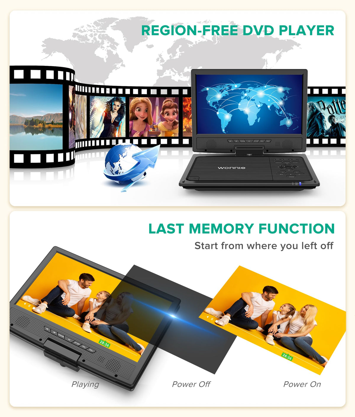 WONNIE dual speakers deliver clear backseat audio for family movies.