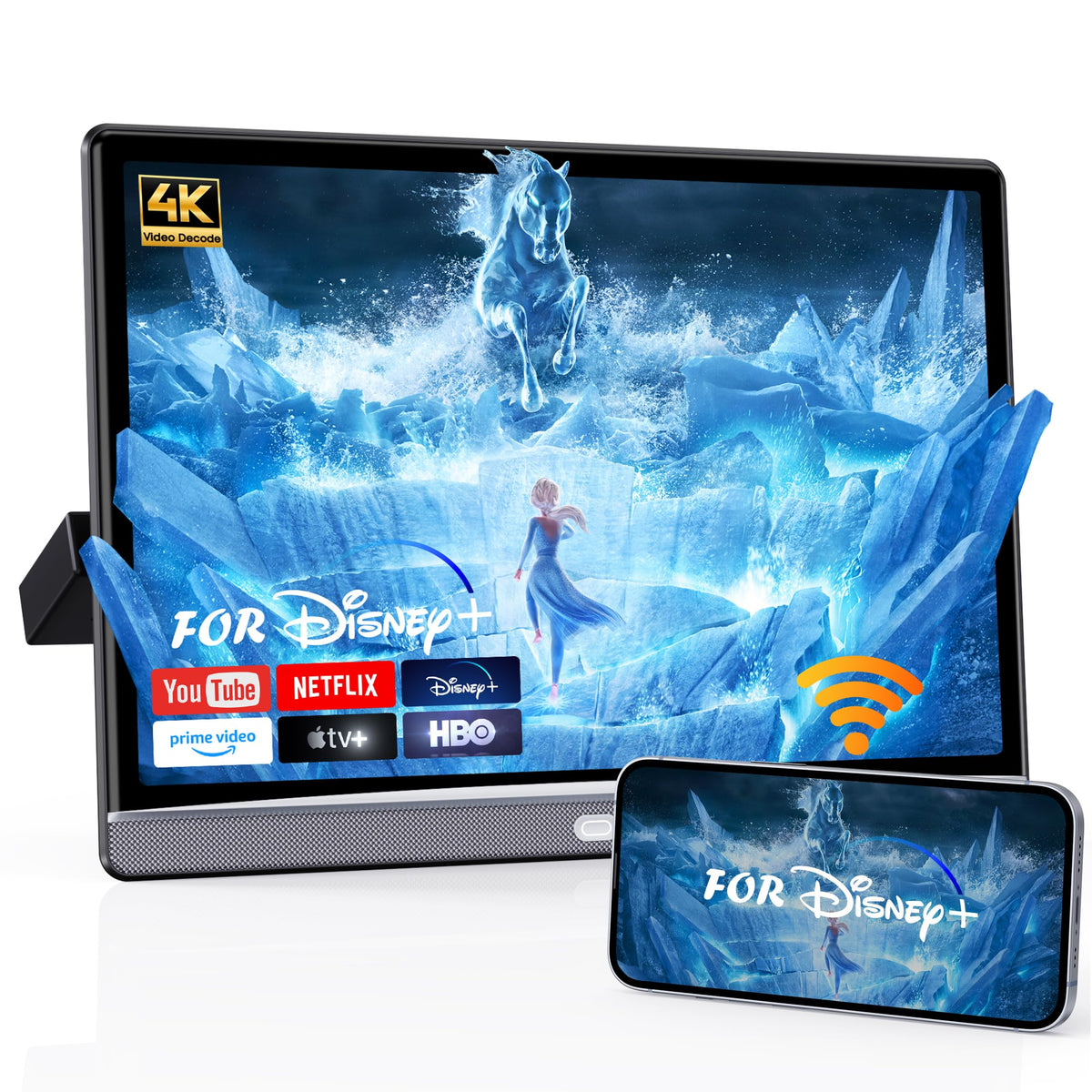 WONNIE 133-inch headrest monitor in car interior for backseat entertainment.