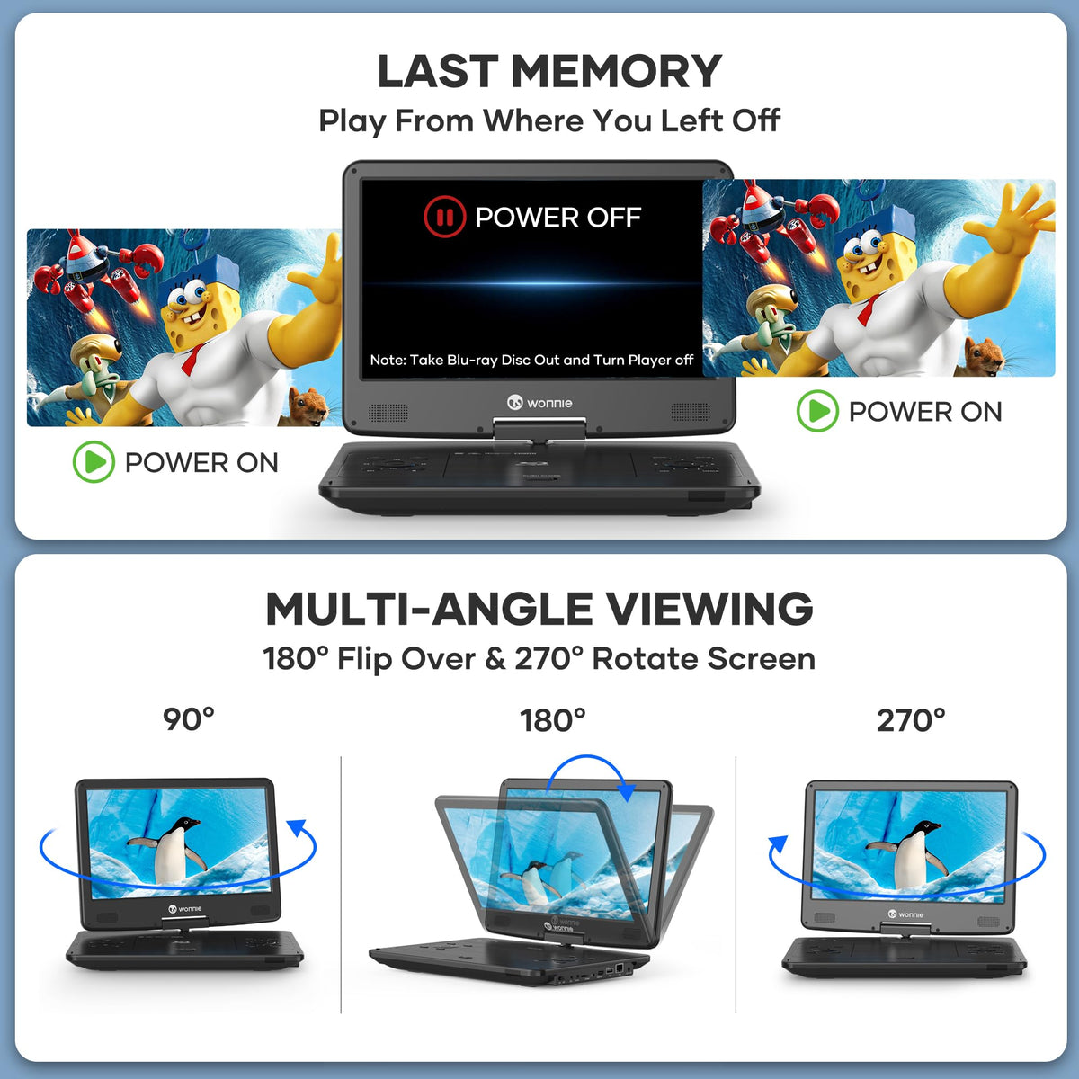Wonnie 270-degree rotatable screen for flexible positioning.