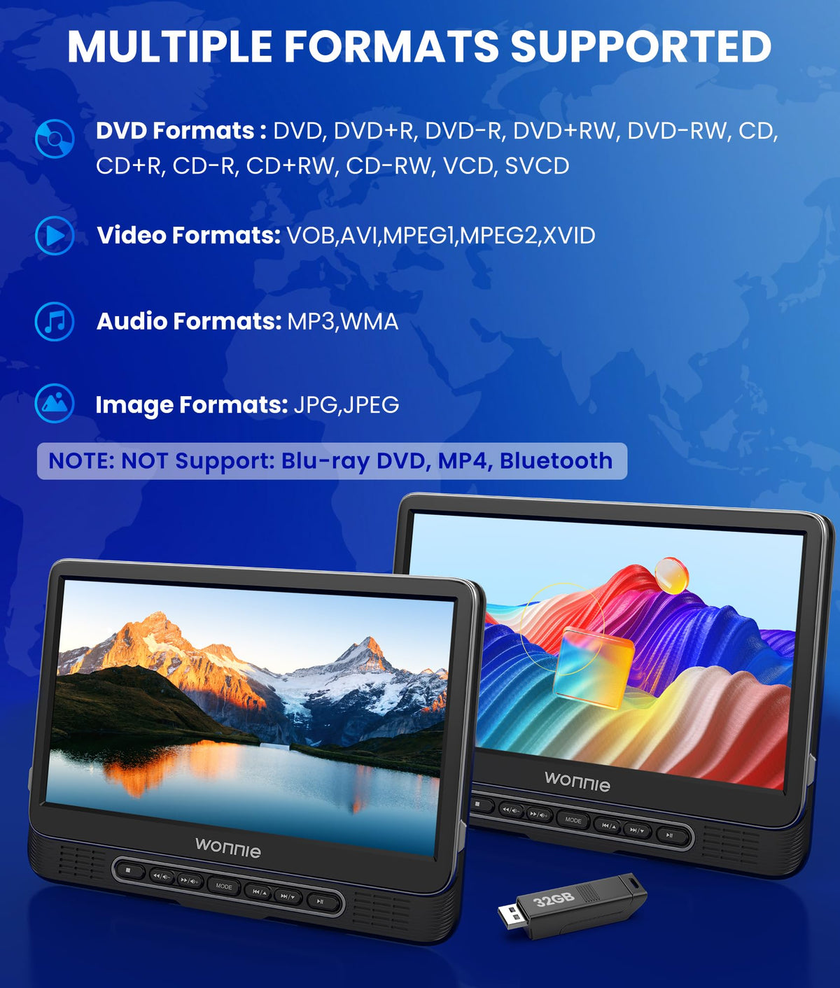 WONNIE all-region playback supports discs and USB for flexibility.