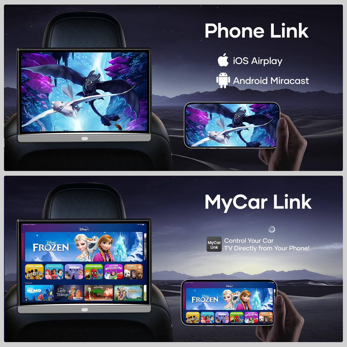 Wonnie Android 13 headrest monitor app layout enables easy streaming.