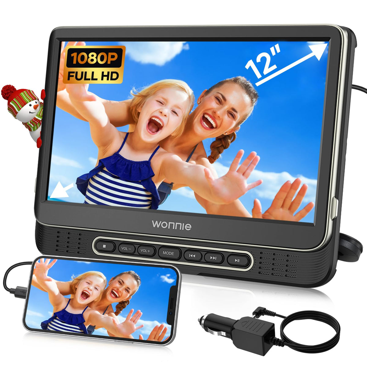 WONNIE 12-inch car DVD player with vivid 1080p display for road trips.