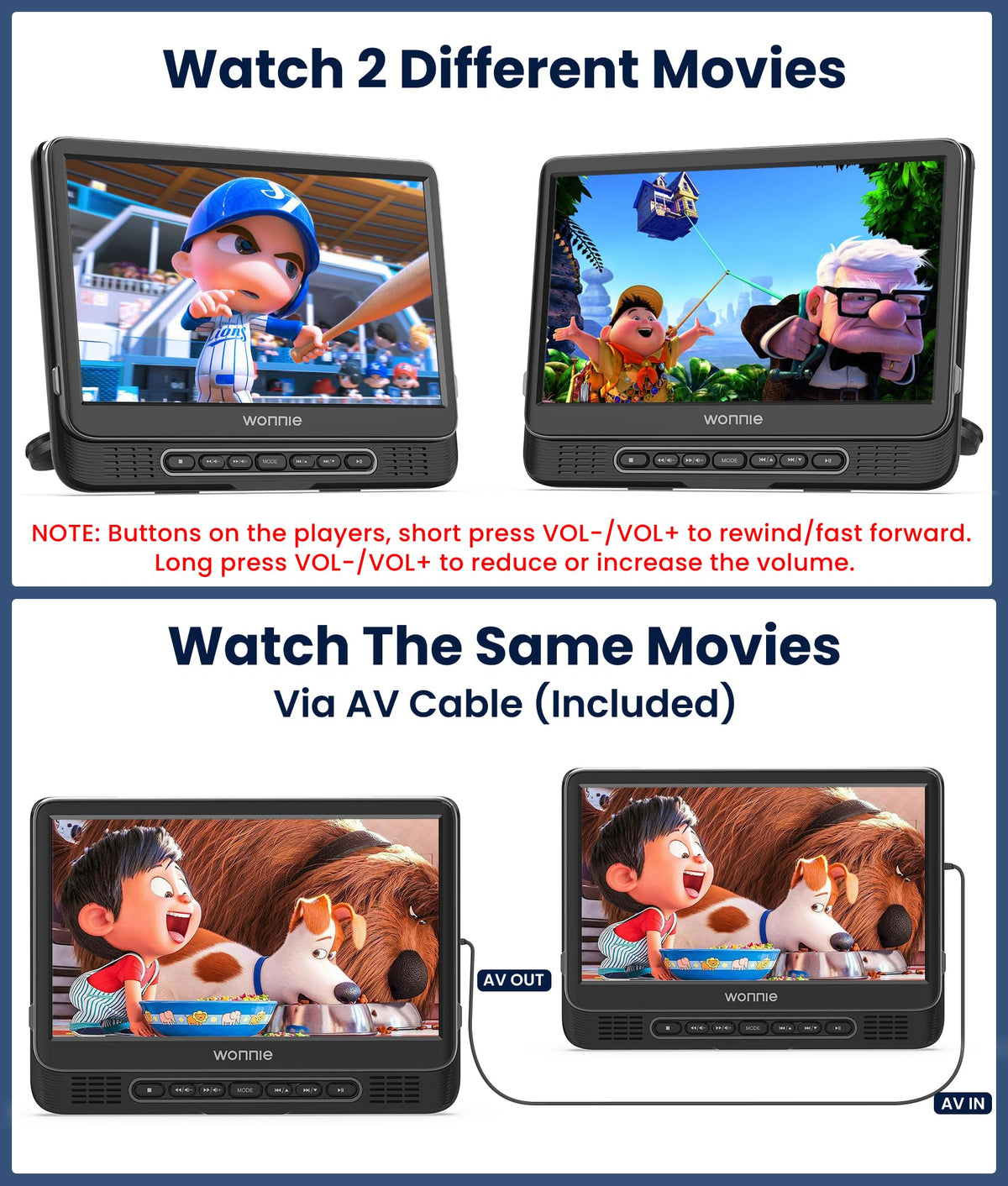 WONNIE dual screens let backseat passengers watch different movies.