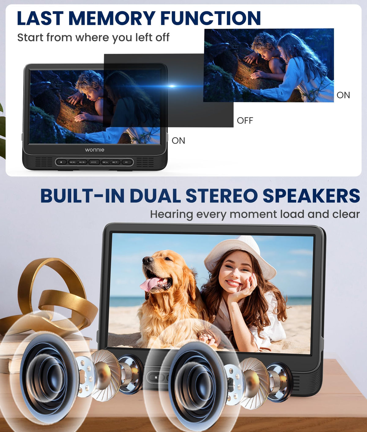 WONNIE built-in dual speakers deliver rich in-car audio.