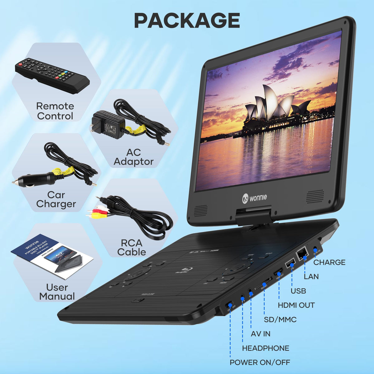 Wonnie USB/SD card playback for versatile media options.