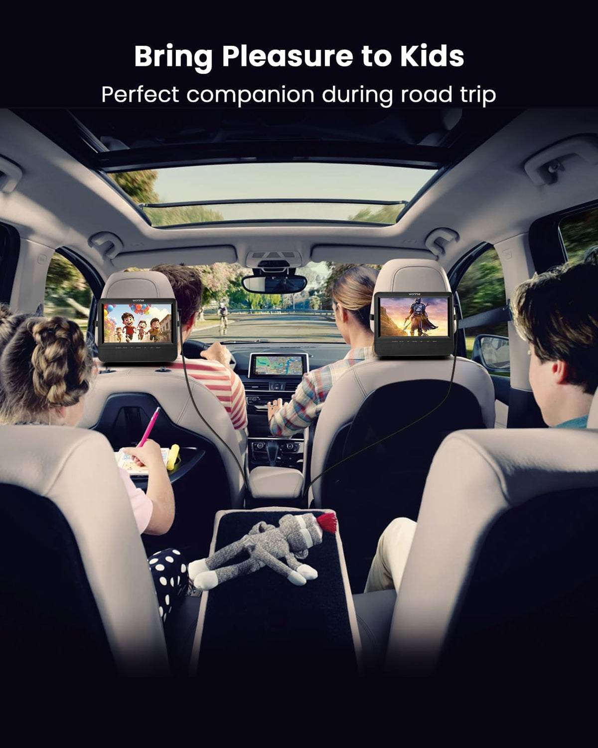 WONNIE car charger and AV cable included for immediate setup on road trips.