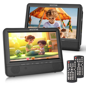 WONNIE dual DVD players mounted on car headrests for backseat entertainment.