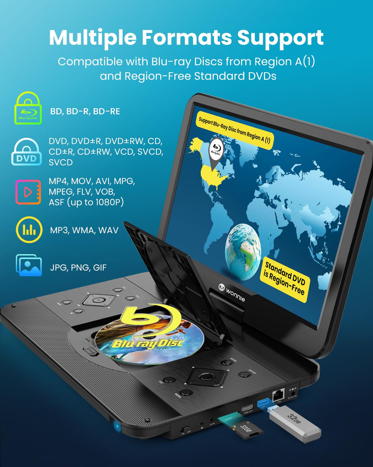 WONNIE portable Blu-ray with 5000mAh battery for hours of on-the-go playback