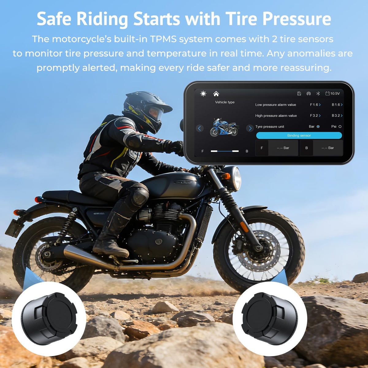 Wonsidary built-in TPMS dual sensors monitor tire pressure in real time.