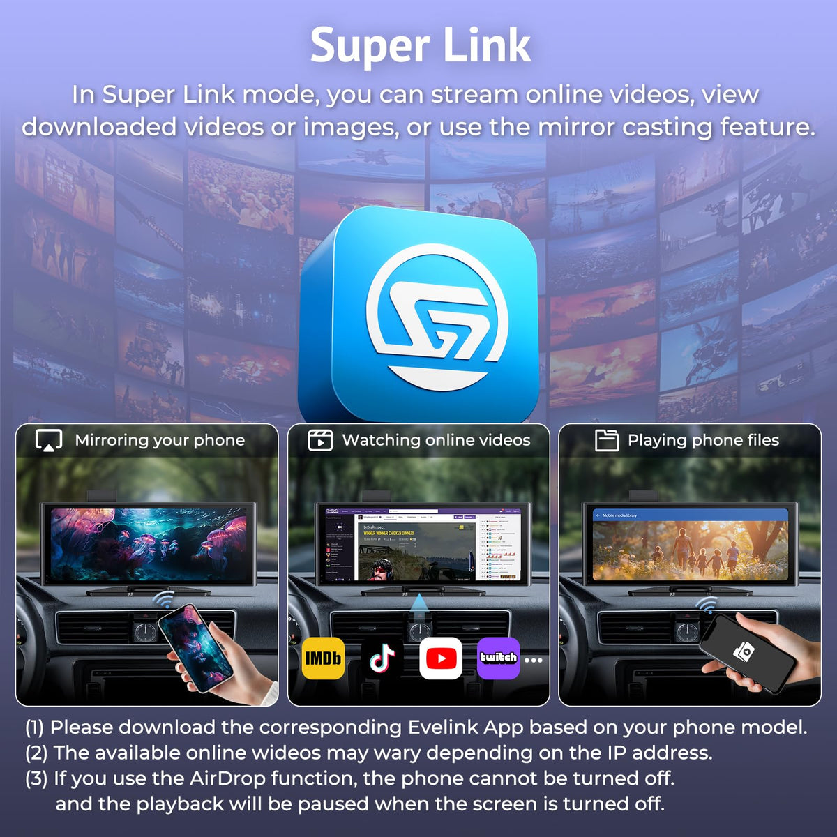Wonsidary AirPlay and SUPERLINK mirroring streams content from your phone to the screen.