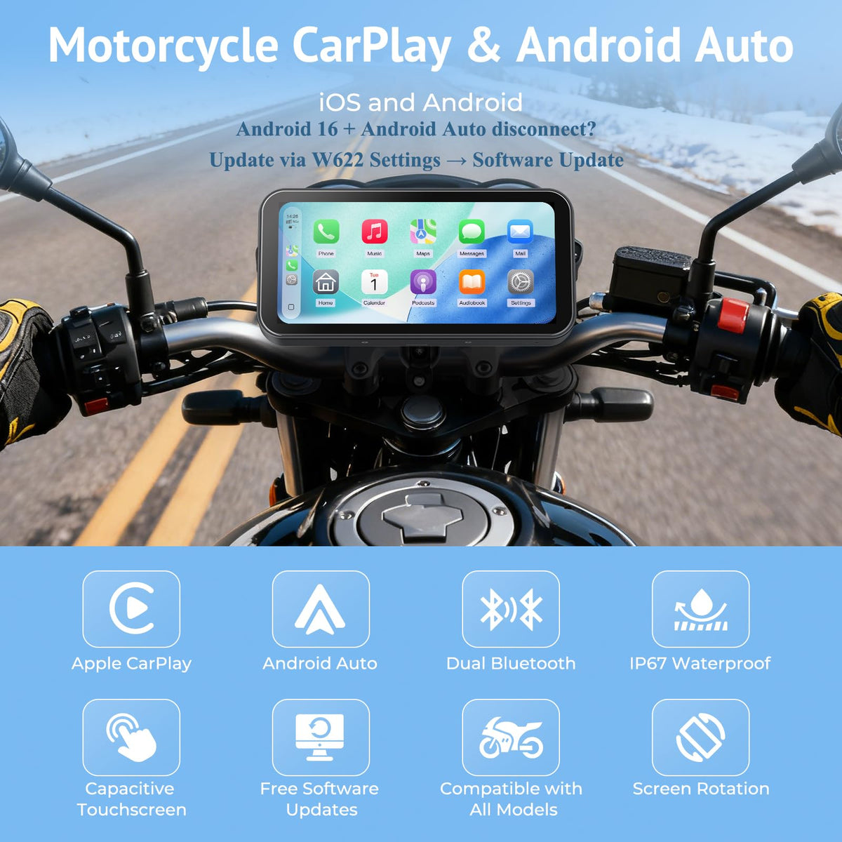 Wonsidary wireless CarPlay and Android Auto on handlebar for hands-free control.