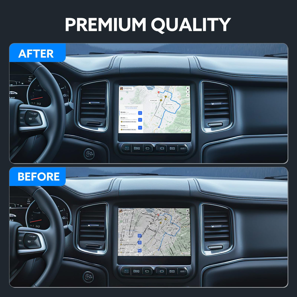 WonVon 8.4-inch Uconnect UAQ dashboard panel close-up highlighting clean integration.