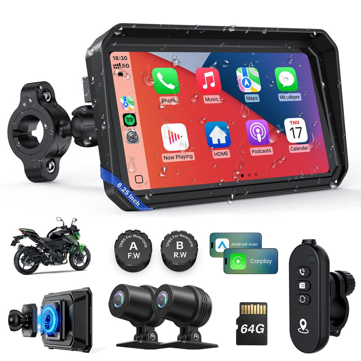 WonVon 6.25-inch front display enables wireless CarPlay navigation hands-free on the bike