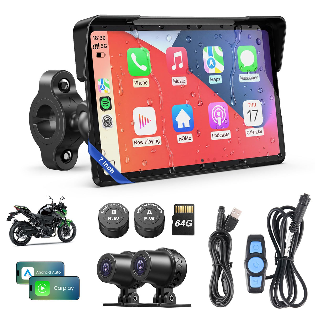WonVon motorcycle screen 7 inch carplay front view for hands-free navigation.