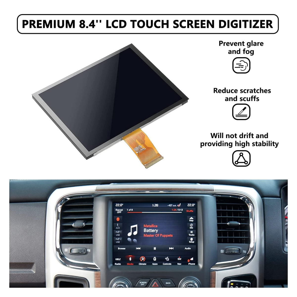 WonVon replacement LCD touch panel for 8.4-inch Uconnect screen.