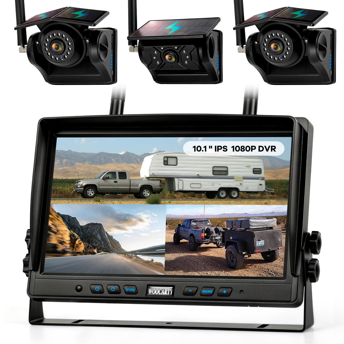WOOCARTY 3 solar magnetic backup camera on trailer mount for effortless wireless setup.