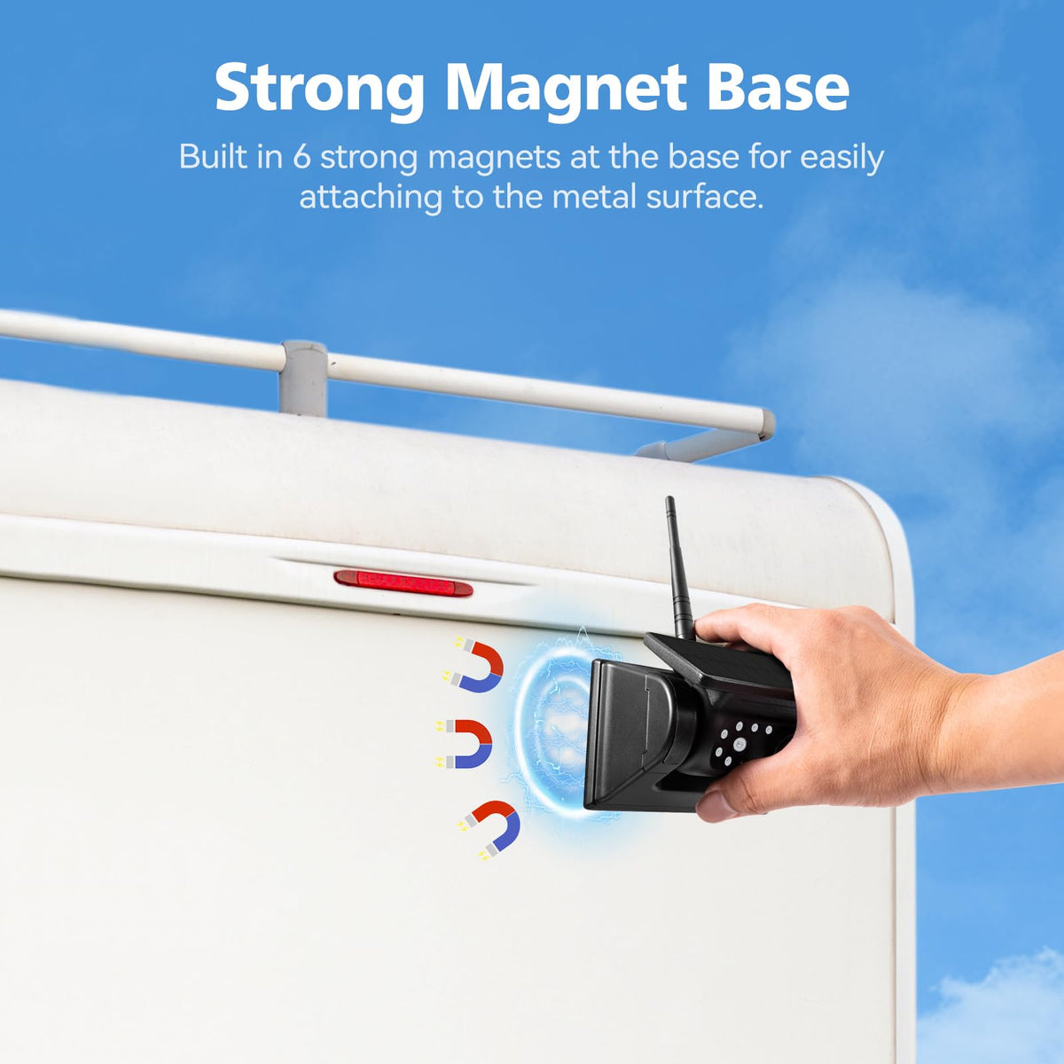 WOOCARTY portable solar camera shown with magnetic mounting for flexible use.