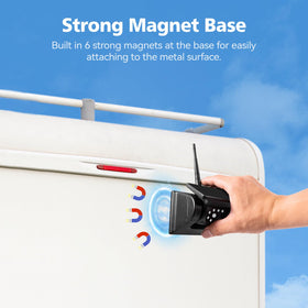 WOOCARTY portable solar camera shown with magnetic mounting for flexible use.