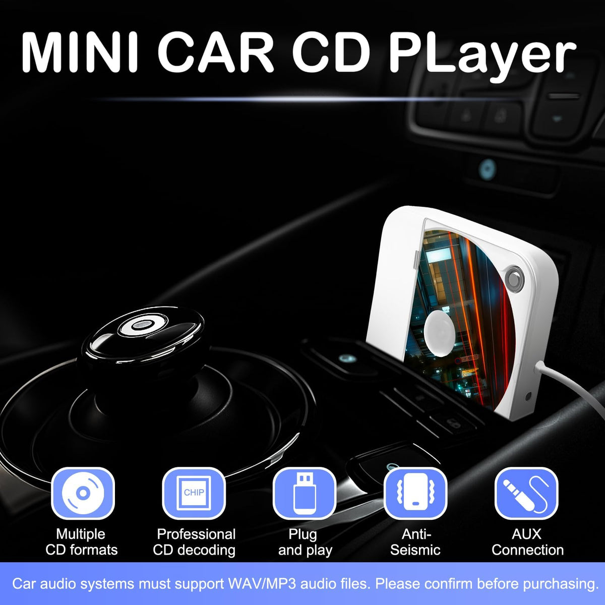 USB connection works with WAV-capable car stereos.