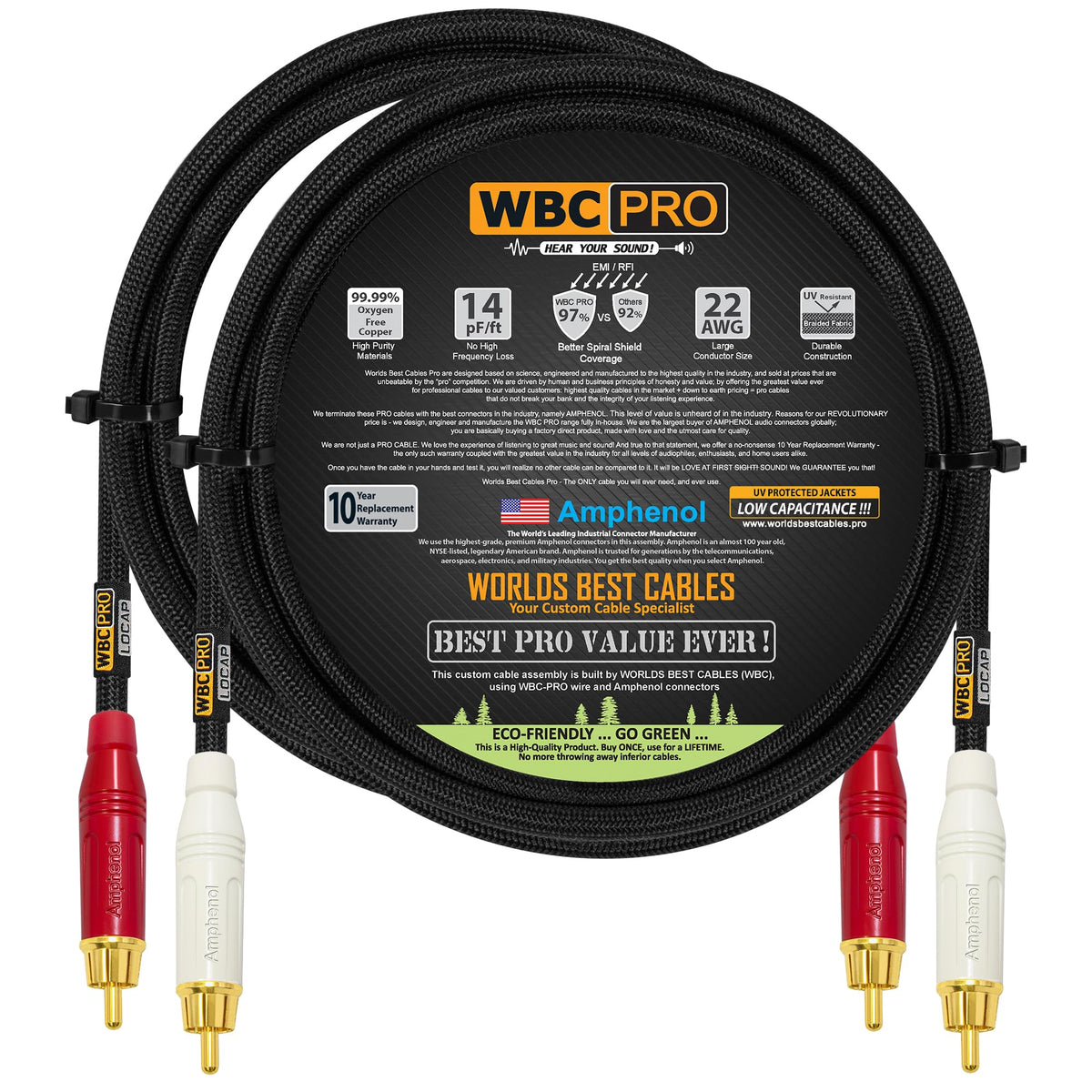 WORLDS BEST CABLES front packaging showing 2.5ft RCA pair and value