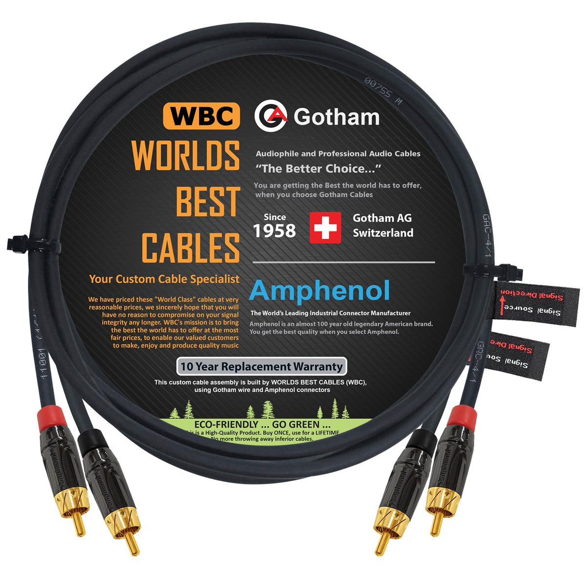 WORLDS BEST CABLES front view of 2ft RCA pair showing professional finish