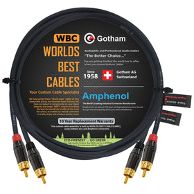 WORLDS BEST CABLES front view of 2ft RCA pair showing professional finish