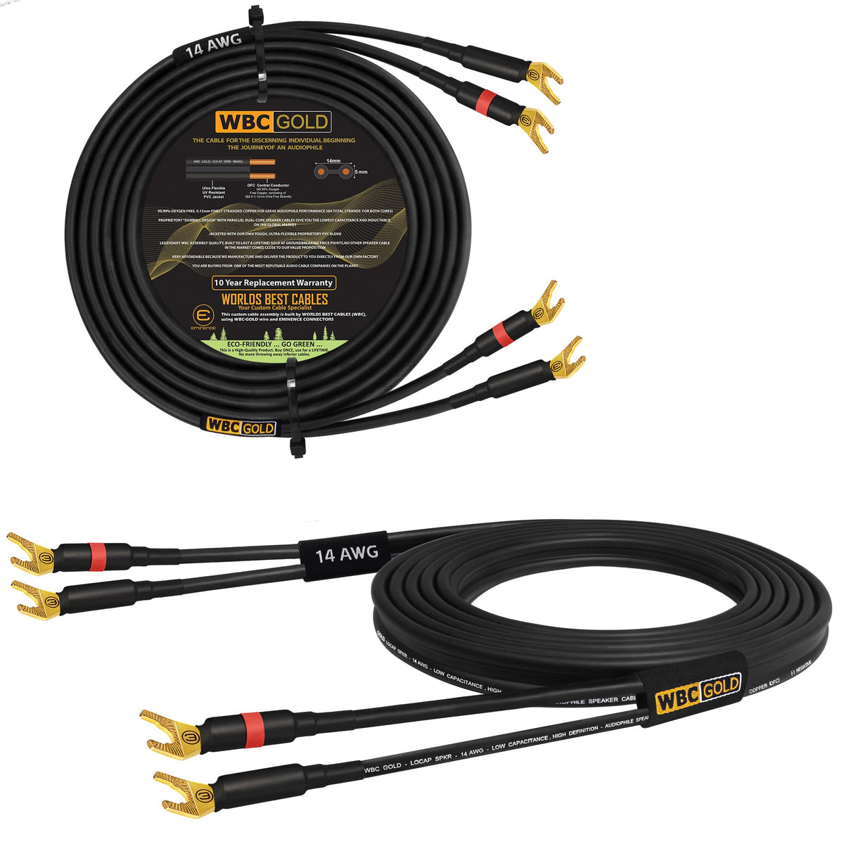 WORLDS BEST CABLES gold spade plugs on 3ft LOCAP-SPKR cable for secure audio connections.