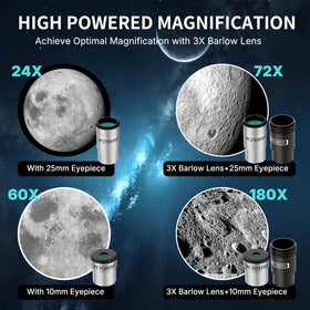 WOSPORTS telescope showing 180x magnification option for close-up details