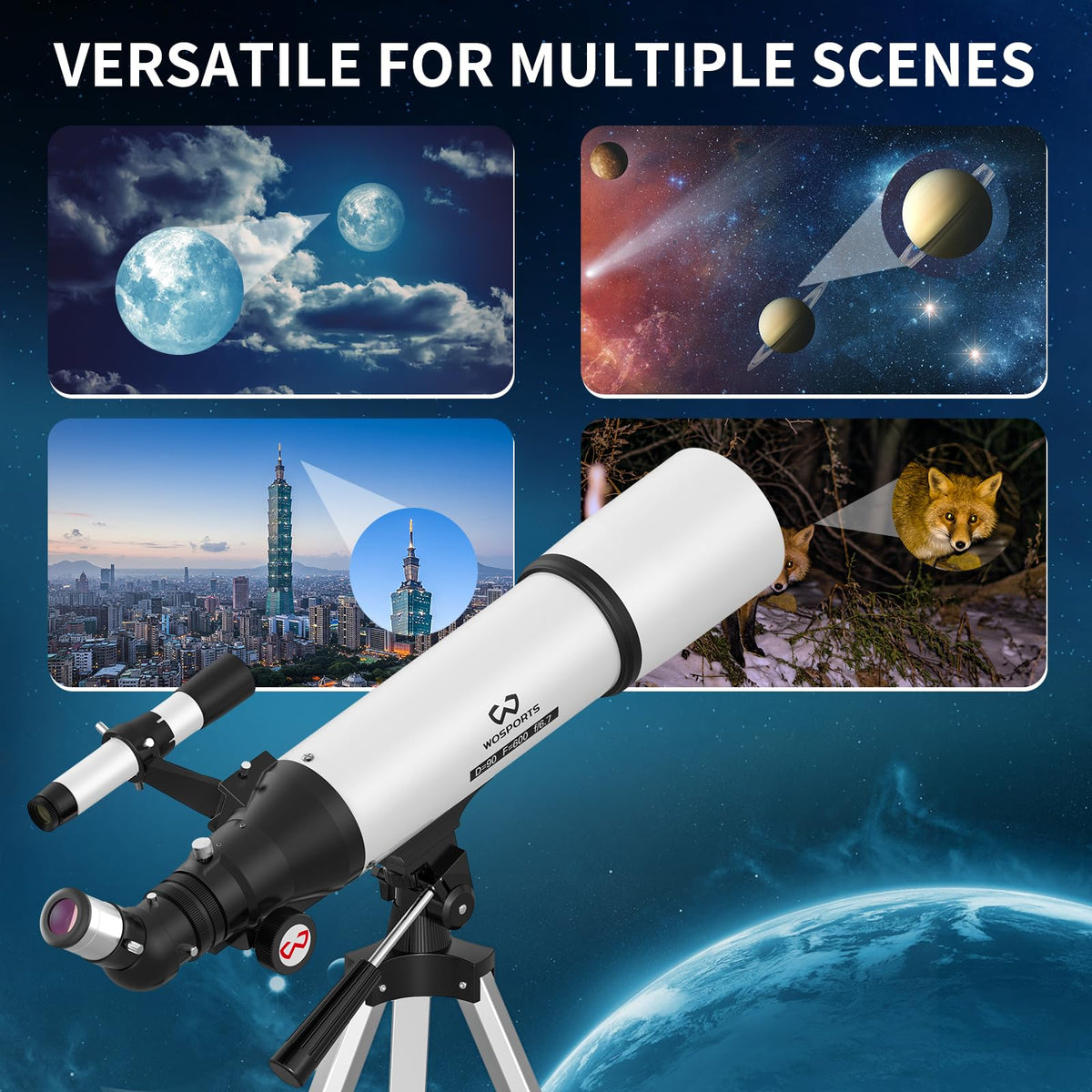 WOSPORTS adjustable tripod supports stable, flexible viewing