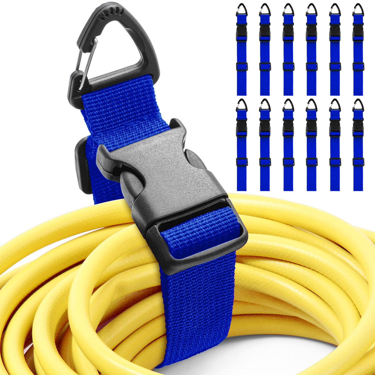 Wowangce 12-pack extension cord wraps secure cords for garage organization.