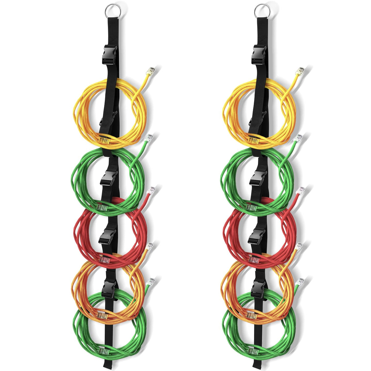 Wowangce extension cord organizer strap 2-pack demonstrates vertical garage storage and easy access.