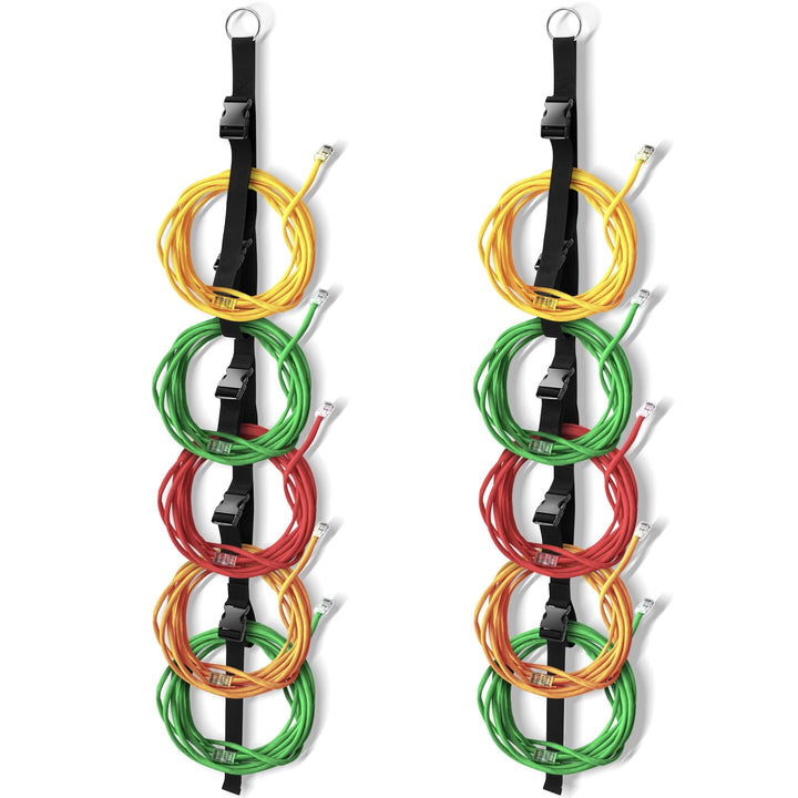 Wowangce extension cord organizer strap 2-pack demonstrates vertical garage storage and easy access.