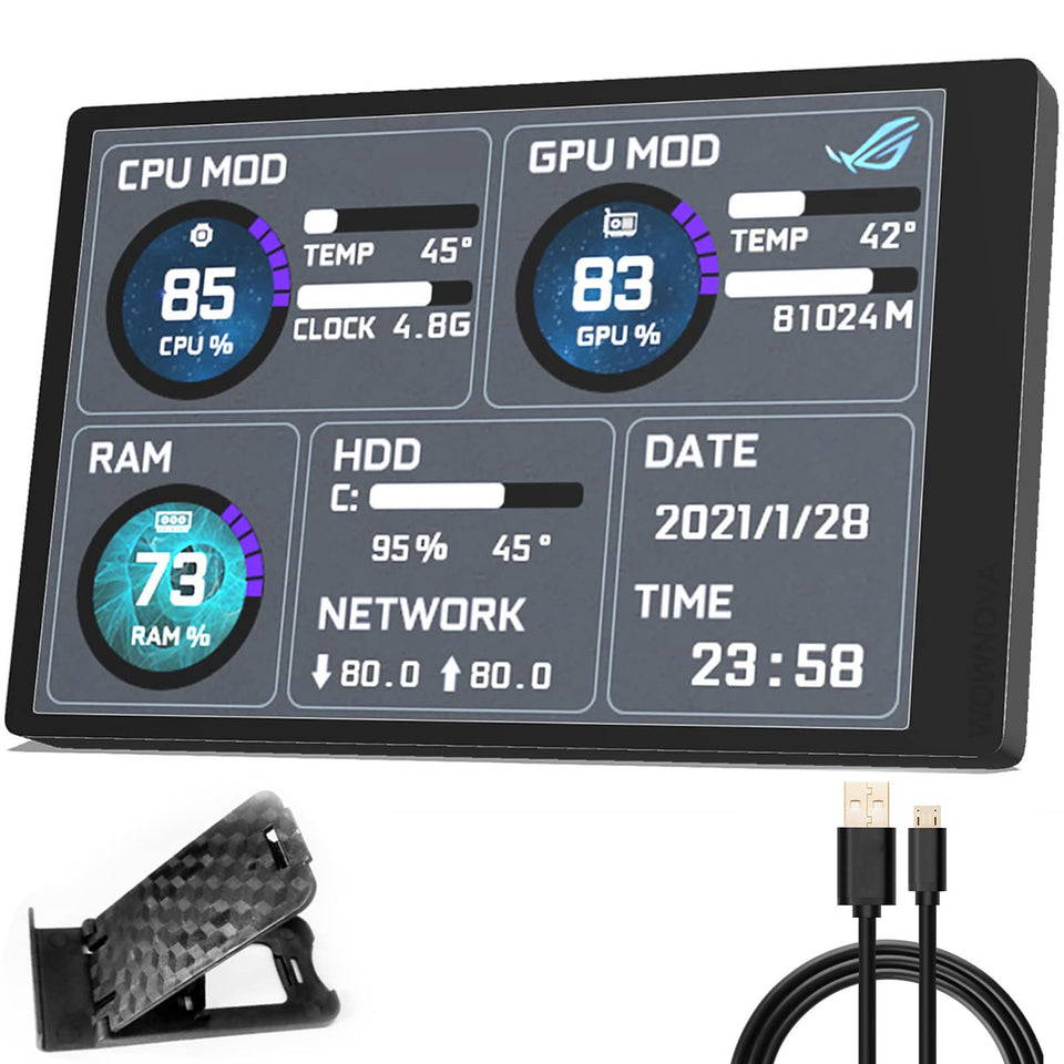 WOWNOVA front display showing real-time system stats and clear readability