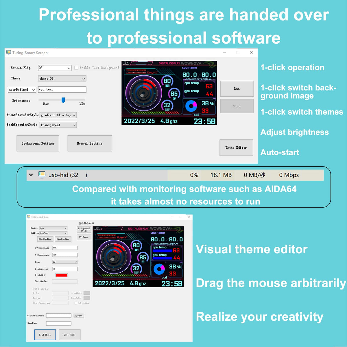 WOWNOVA screen UI closeup with customizable widgets for quick system monitoring