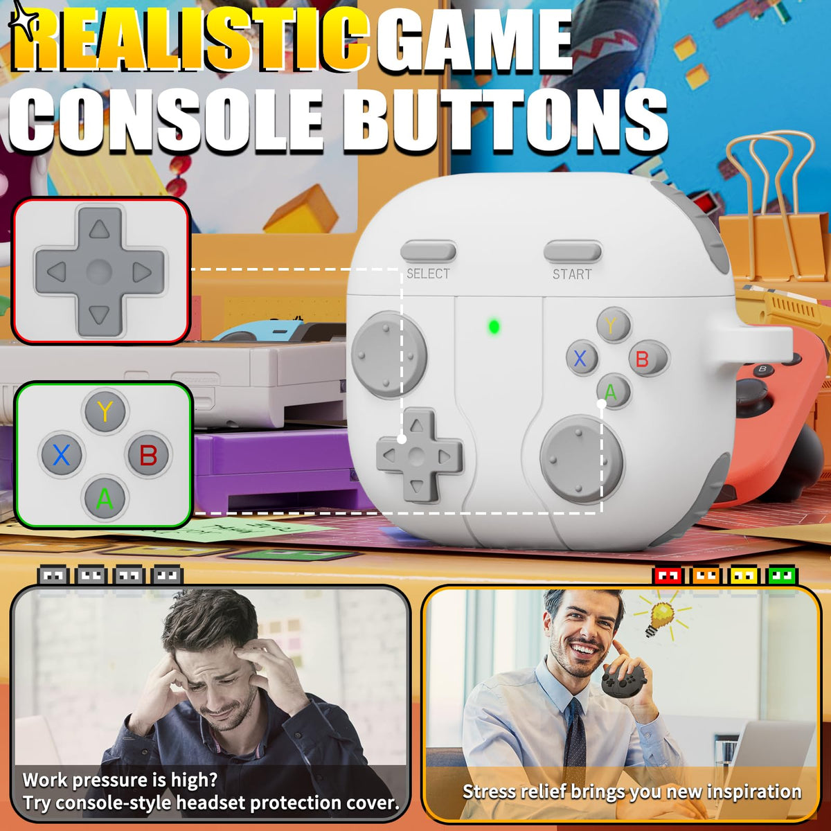 Wowwat AirPods 4 game-design case with 3D buttons for a playful look.