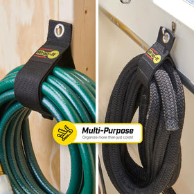 Wrap-It Strap for cables and hoses stored neatly on a rack.