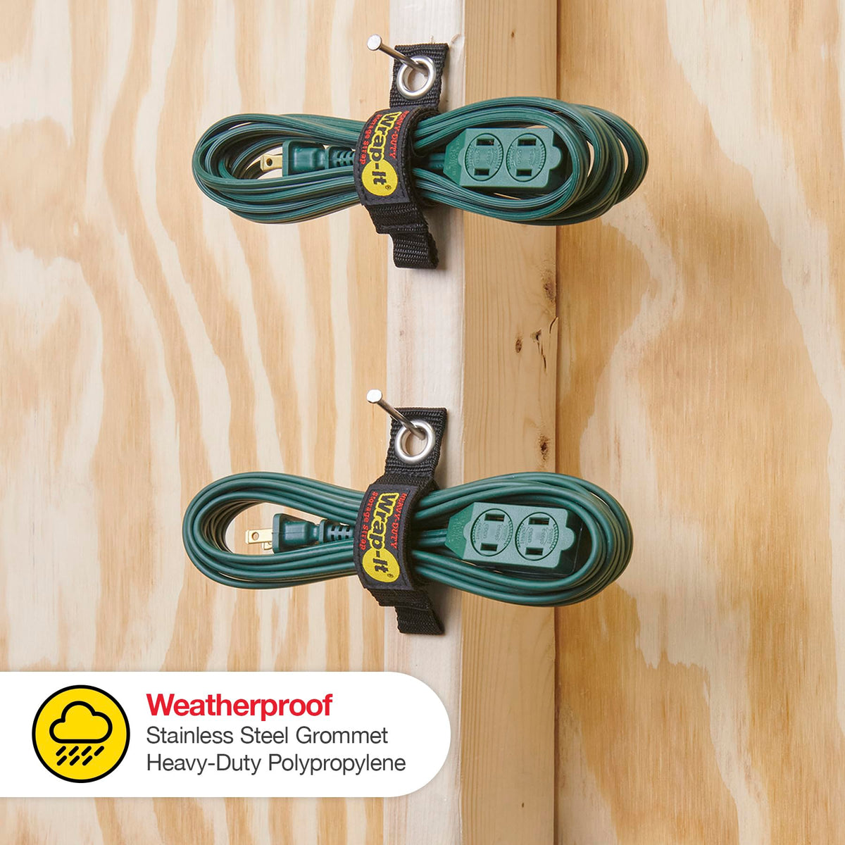 Wrap-It strap organizing cords, hoses, and ropes for clutter-free garage.