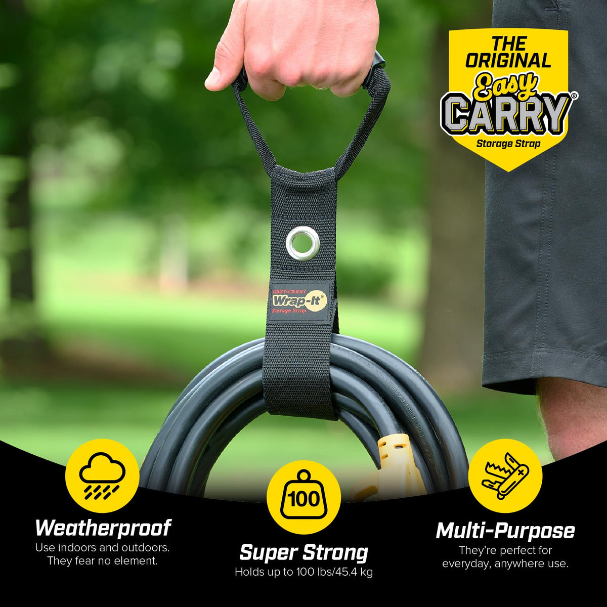Wrap-It Easy-Carry strap in garage hanging hose bundle using the grommet