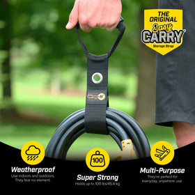 Wrap-It Easy-Carry strap in garage hanging hose bundle using the grommet