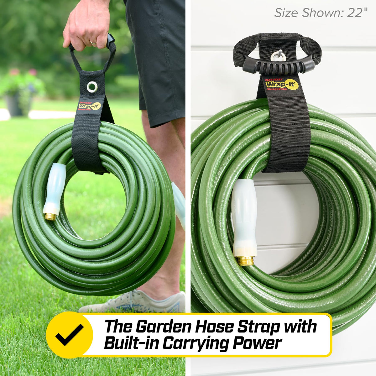 Carrying handle on Wrap-It strap simplifies transport of cords and hoses