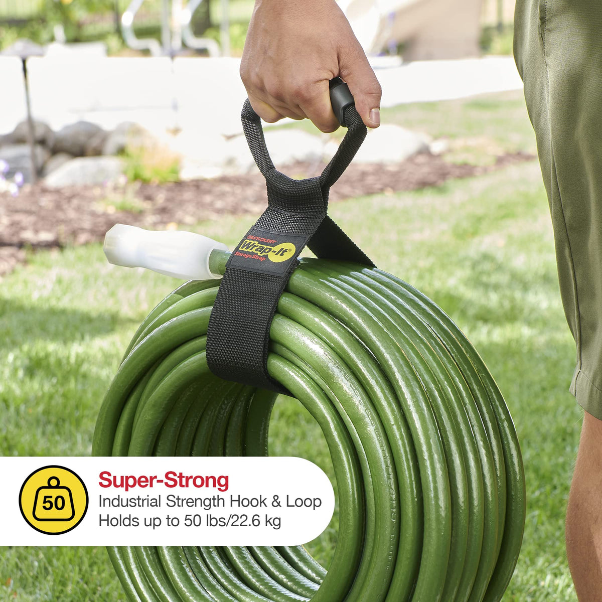 Wrap-It Storage Easy-Carry Strap with handle enables hanging on racks.