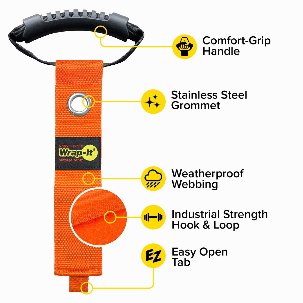 Durable weather-resistant Wrap-It strap keeps garage items neatly stored