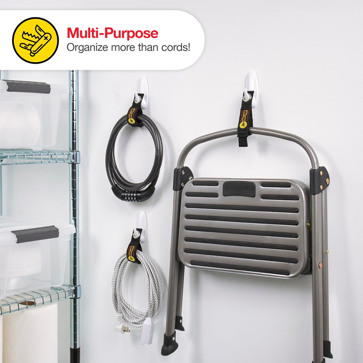 Wrap-It extension cord hanger strap for easy wall mounting.