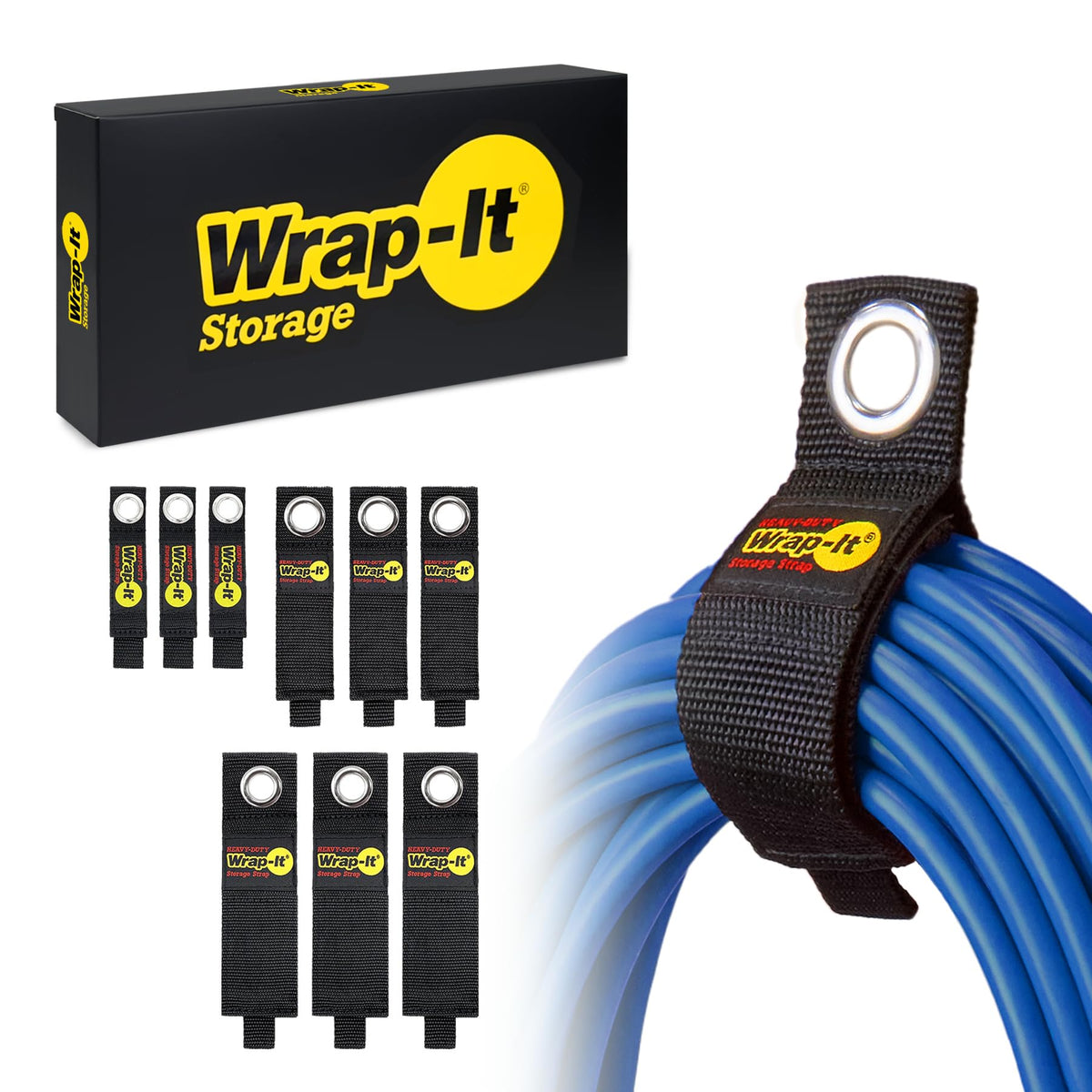 Wrap-It heavy-duty strap 7-inch securely organizing extension cords.