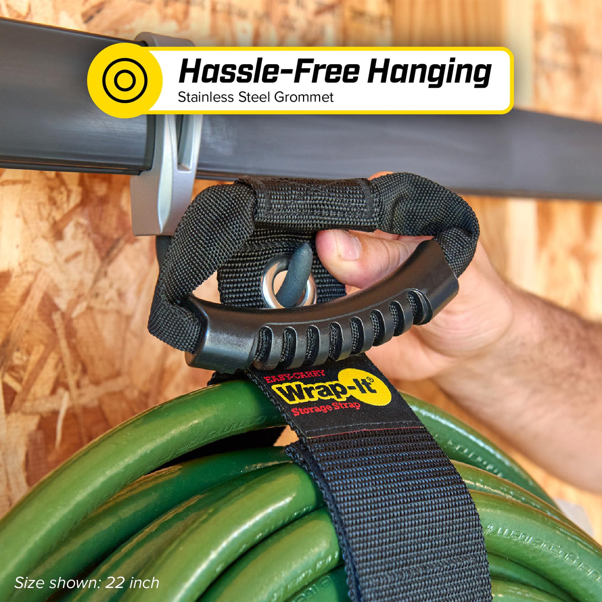 Wrap-It hose storage strap keeps garden hoses tidy after use.