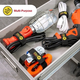 Garage scene with Wrap-It Quick-Straps organizing tools and cables.
